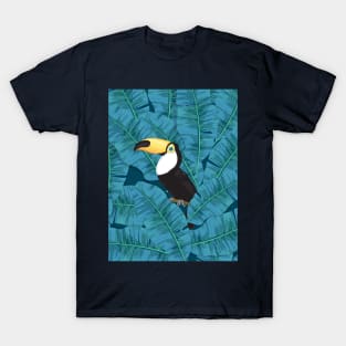 Toucan and banana leaves in blue T-Shirt